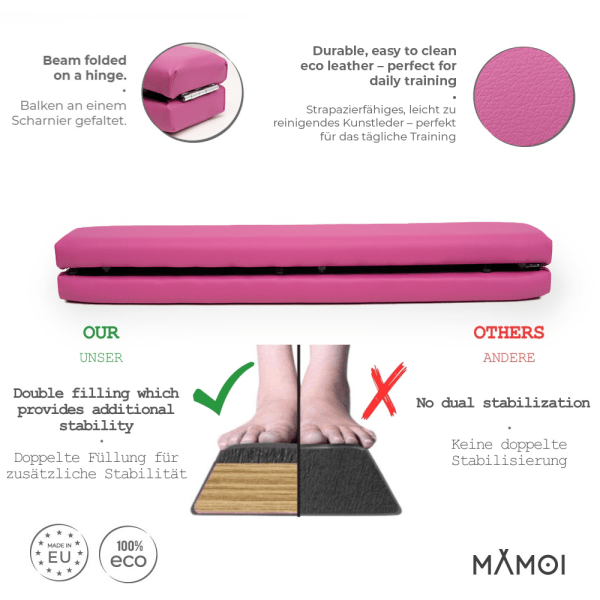 MAMOI® Trave ginnica pieghevole in similpelle 200 cm, trave antiscivolo per bambini e adulti, superficie morbida, per uso domestico, struttura pieghevole, portata 180 kg