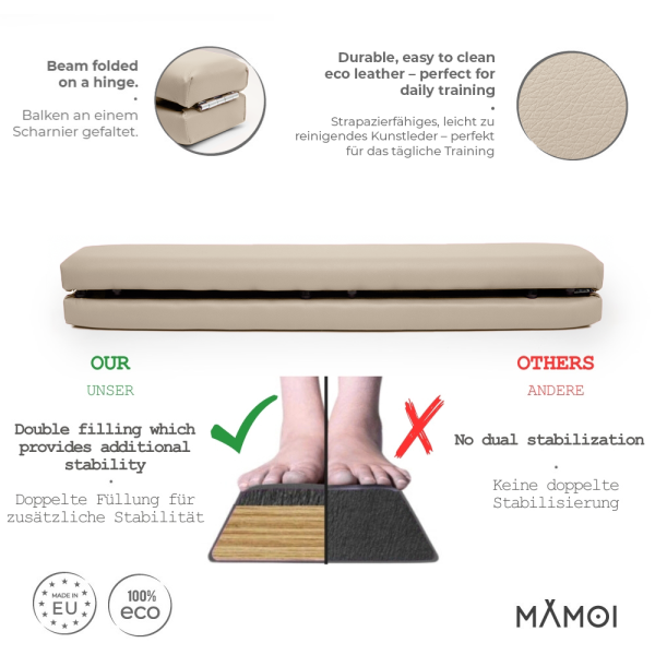 MAMOI® Gymnastikbalancebalken, klappbar, Kunstleder, 200 cm, rutschfest, weiche Oberfläche, für Kinder & Erwachsene, Heimtraining, bis 180 kg Belastbarkeit
