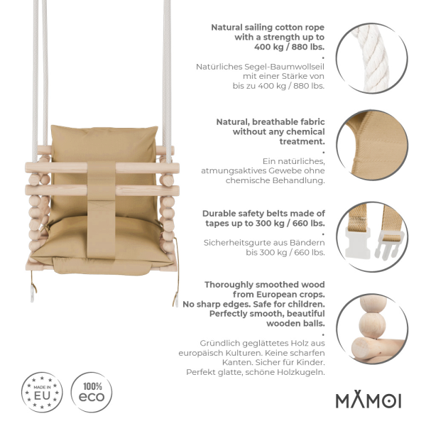 MAMOI Baby swing, Child swing, Swing for children Swing 3 in 1 + SAFETY Belt, Baby swing, Baby swing and swing seat, Children's swing Wood Indoor Outdoor