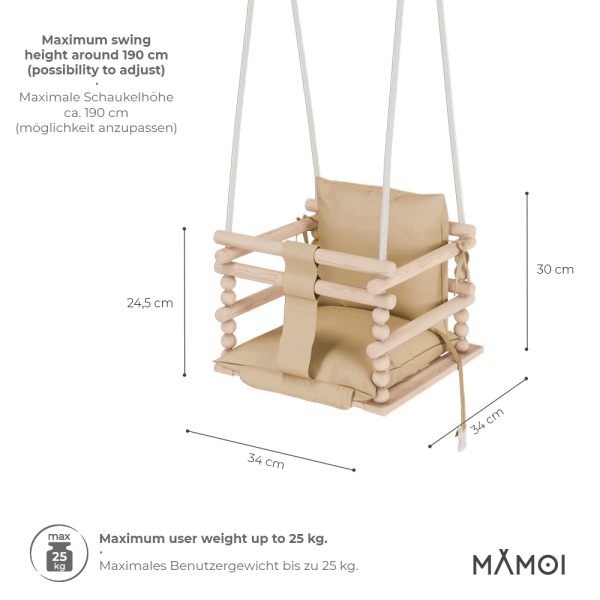 MAMOI Baby swing, Child swing, Swing for children Swing 3 in 1 + SAFETY Belt, Baby swing, Baby swing and swing seat, Children's swing Wood Indoor Outdoor