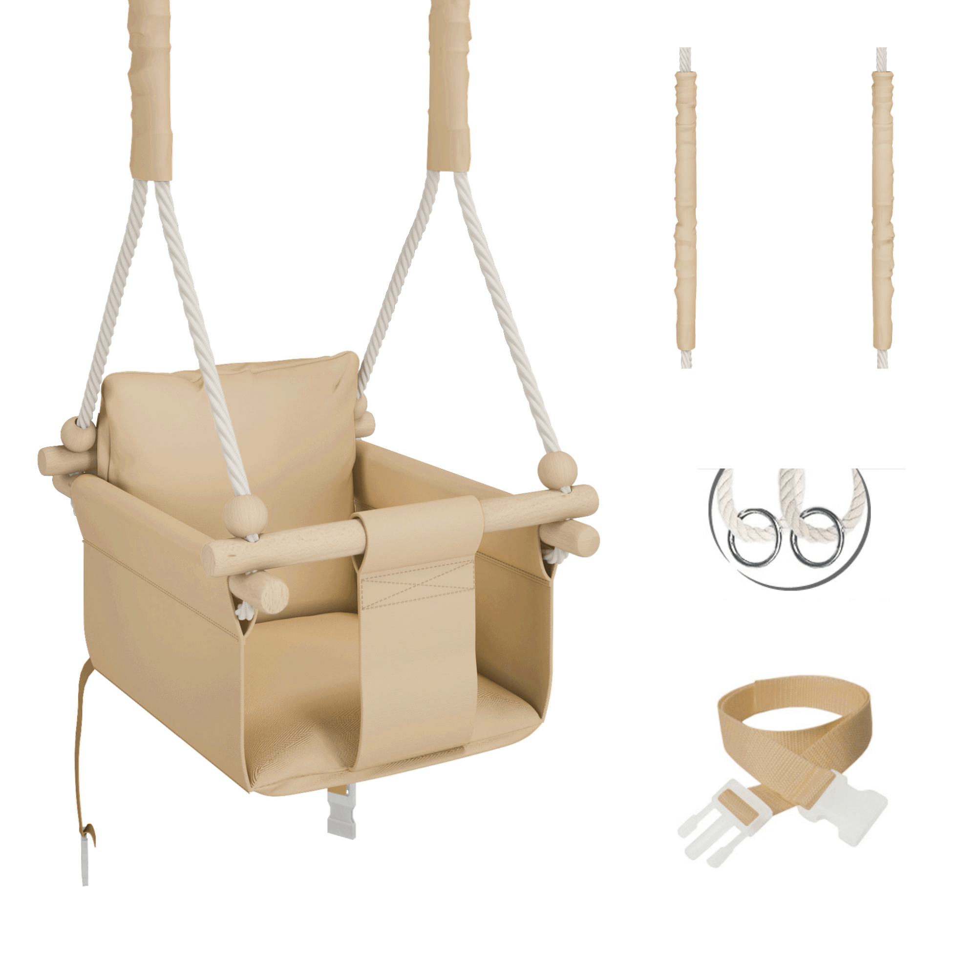 MAMOI® Altalena per bambini da interno con cinture di sicurezza, seduta morbida con cuscino, maniglie in legno, montaggio a soffitto, 100% ECO, prodotta nell'UE