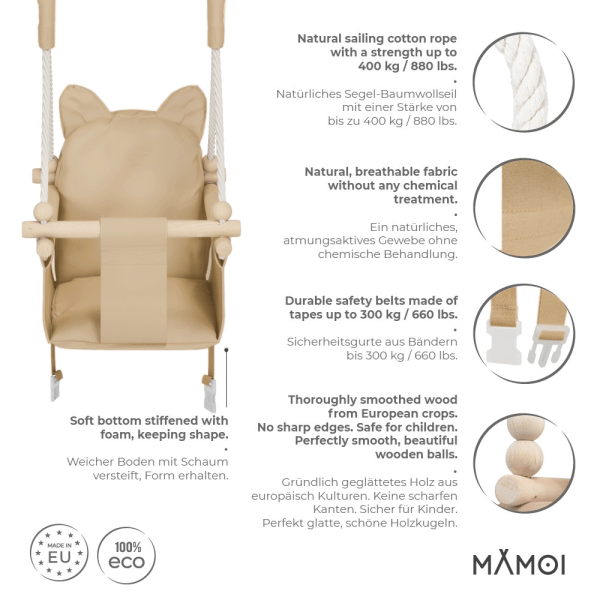 MAMOI Baby swing wood + SAFETY BELT, Swing for children garden indoor outdoor