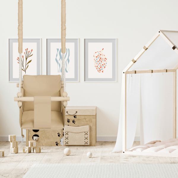 MAMOI® Altalena per bambini da interno con cinture di sicurezza, seduta morbida con cuscino, maniglie in legno, montaggio a soffitto, 100% ECO, prodotta nell'UE