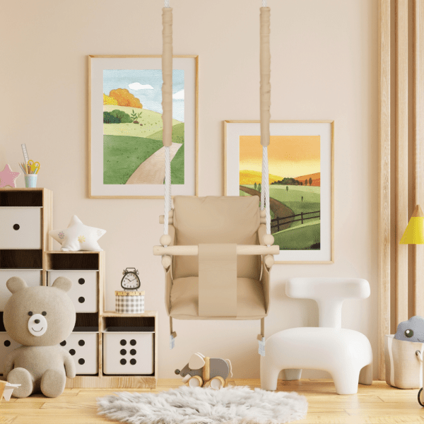 MAMOI® Altalena per bambini da interno con cinture di sicurezza, seduta morbida con cuscino, maniglie in legno, montaggio a soffitto, 100% ECO, prodotta nell'UE