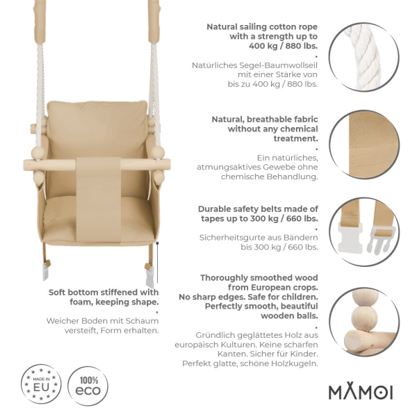 MAMOI® Altalena per bambini da interno con cinture di sicurezza, seduta morbida con cuscino, maniglie in legno, montaggio a soffitto, 100% ECO, prodotta nell'UE