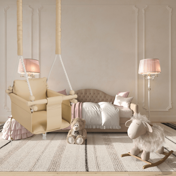 MAMOI® Altalena per bambini da interno con cinture di sicurezza, seduta morbida con cuscino, maniglie in legno, montaggio a soffitto, 100% ECO, prodotta nell'UE