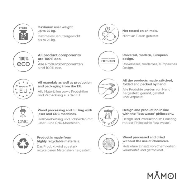 MAMOI® Altalena per bambini da interno con cinture di sicurezza, seduta morbida con cuscino, maniglie in legno, montaggio a soffitto, 100% ECO, prodotta nell'UE