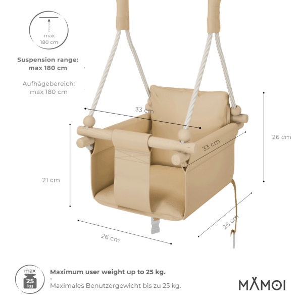 MAMOI® Altalena per bambini da interno con cinture di sicurezza, seduta morbida con cuscino, maniglie in legno, montaggio a soffitto, 100% ECO, prodotta nell'UE