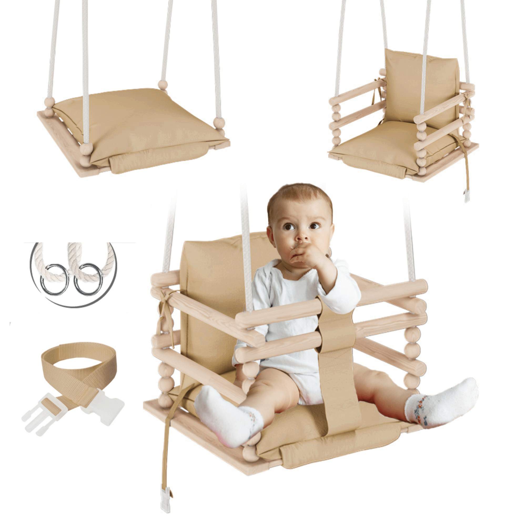 MAMOI Baby swing, Child swing, Swing for children Swing 3 in 1 + SAFETY Belt, Baby swing, Baby swing and swing seat, Children's swing Wood Indoor Outdoor