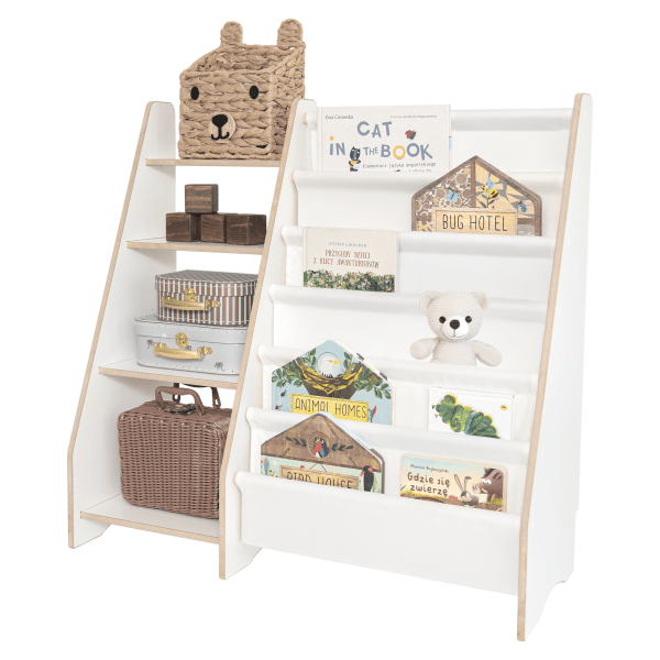 MAMOI® Libreria e porta giocattoli per bambini, mobile funzionale 2 in 1, scaffale con ripiani e tasche in tessuto, libreria per bambini, stile Montessori, 100% ecologica, prodotta nell'UE