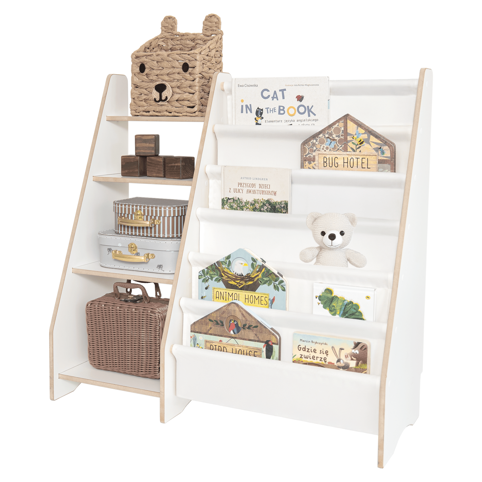 MAMOI® Libreria e porta giocattoli per bambini, mobile funzionale 2 in 1, scaffale con ripiani e tasche in tessuto, libreria per bambini, stile Montessori, 100% ecologica, prodotta nell'UE