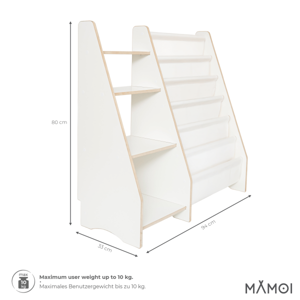 MAMOI® Libreria e porta giocattoli per bambini, mobile funzionale 2 in 1, scaffale con ripiani e tasche in tessuto, libreria per bambini, stile Montessori, 100% ecologica, prodotta nell'UE