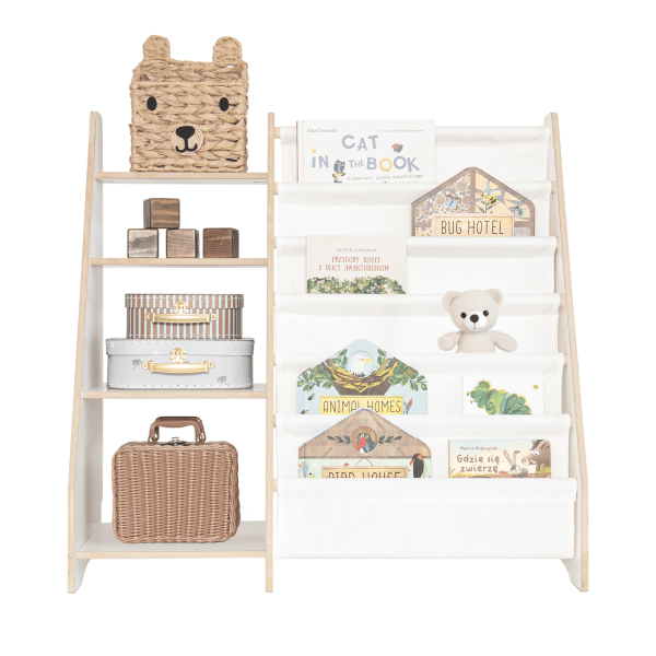 MAMOI® Libreria e porta giocattoli per bambini, mobile funzionale 2 in 1, scaffale con ripiani e tasche in tessuto, libreria per bambini, stile Montessori, 100% ecologica, prodotta nell'UE