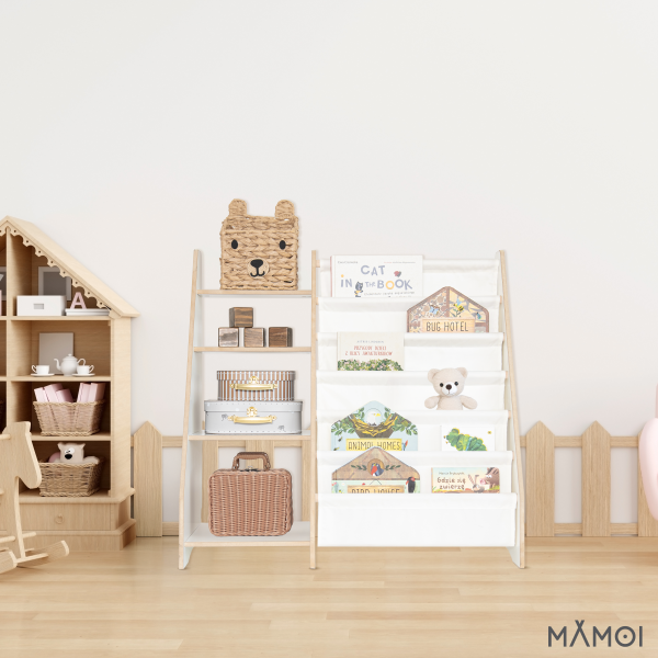 MAMOI® Libreria e porta giocattoli per bambini, mobile funzionale 2 in 1, scaffale con ripiani e tasche in tessuto, libreria per bambini, stile Montessori, 100% ecologica, prodotta nell'UE
