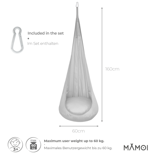 MAMOI® Huśtawka worek wiszący dla dzieci | Huśtawka kokon dla dzieci z bawełny | Krzesło wiszące dla dzieci z materiałowymi uchwytami | Huśtawka dla dzieci do domu | 100% ECO | Wyprodukowano w UE