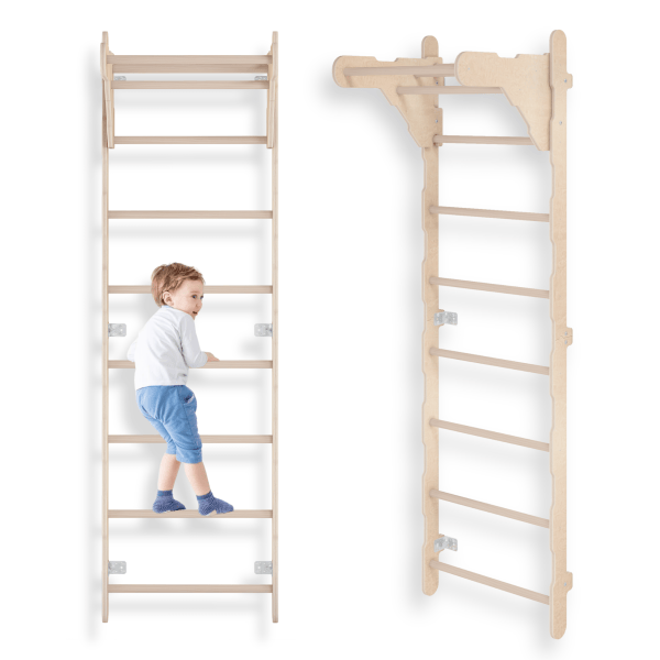 MAMOI® Échelle de gymnastique d’intérieur, espaliers muraux pour chambre d’enfant, anneaux de gymnastique pour grimper, mur d’escalade et équipement de jeu, appareil de gymnastique avec barre de traction pour la maison, espaliers muraux pour adultes