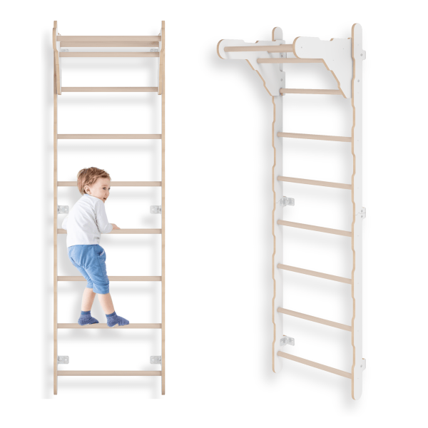 MAMOI® Échelle de gymnastique d’intérieur, espaliers muraux pour chambre d’enfant, anneaux de gymnastique pour grimper, mur d’escalade et équipement de jeu, appareil de gymnastique avec barre de traction pour la maison, espaliers muraux pour adultes