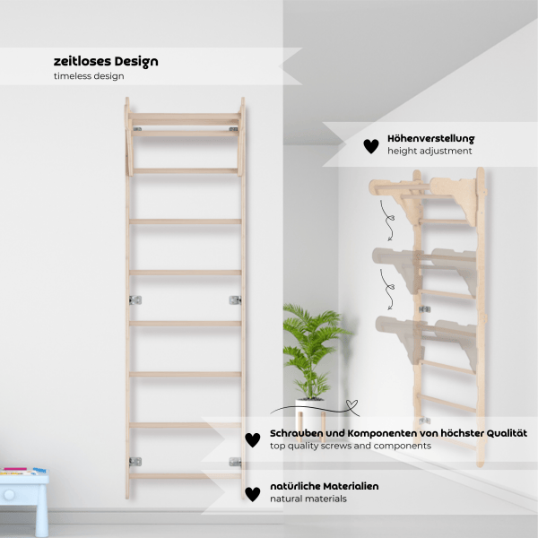 MAMOI® Échelle de gymnastique d’intérieur, espaliers muraux pour chambre d’enfant, anneaux de gymnastique pour grimper, mur d’escalade et équipement de jeu, appareil de gymnastique avec barre de traction pour la maison, espaliers muraux pour adultes