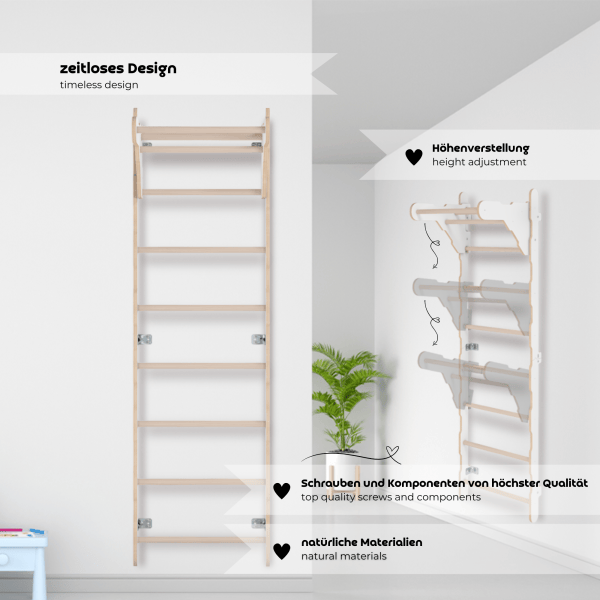 MAMOI® Échelle de gymnastique d’intérieur, espaliers muraux pour chambre d’enfant, anneaux de gymnastique pour grimper, mur d’escalade et équipement de jeu, appareil de gymnastique avec barre de traction pour la maison, espaliers muraux pour adultes