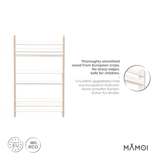 MAMOI® Kinderbücherregal aus Holz – Bücherkiste, Kinderbücherregal, Bücherregal für Kinderzimmer, Bücherbank, Wandregal, Montessori Kindermöbel, Kinderregal und Book Shelf für kleine Kinder.
