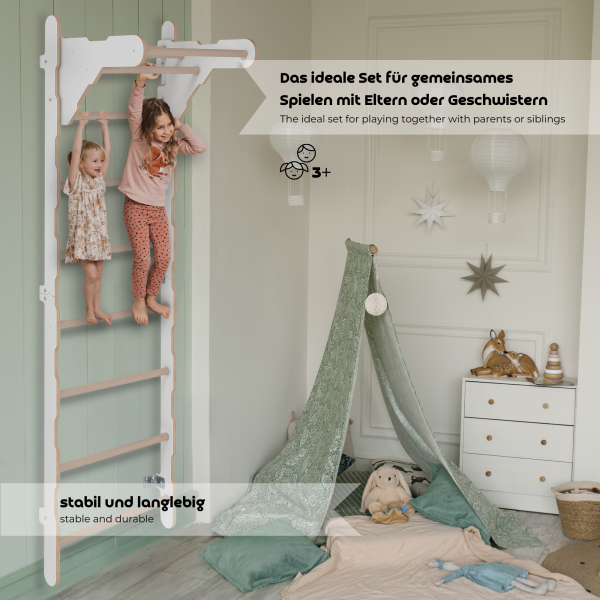 MAMOI® Échelle de gymnastique d’intérieur, espaliers muraux pour chambre d’enfant, anneaux de gymnastique pour grimper, mur d’escalade et équipement de jeu, appareil de gymnastique avec barre de traction pour la maison, espaliers muraux pour adultes