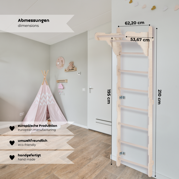 MAMOI® Échelle de gymnastique d’intérieur, espaliers muraux pour chambre d’enfant, anneaux de gymnastique pour grimper, mur d’escalade et équipement de jeu, appareil de gymnastique avec barre de traction pour la maison, espaliers muraux pour adultes
