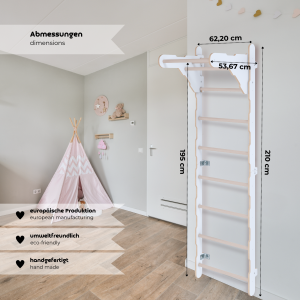 MAMOI® Échelle de gymnastique d’intérieur, espaliers muraux pour chambre d’enfant, anneaux de gymnastique pour grimper, mur d’escalade et équipement de jeu, appareil de gymnastique avec barre de traction pour la maison, espaliers muraux pour adultes