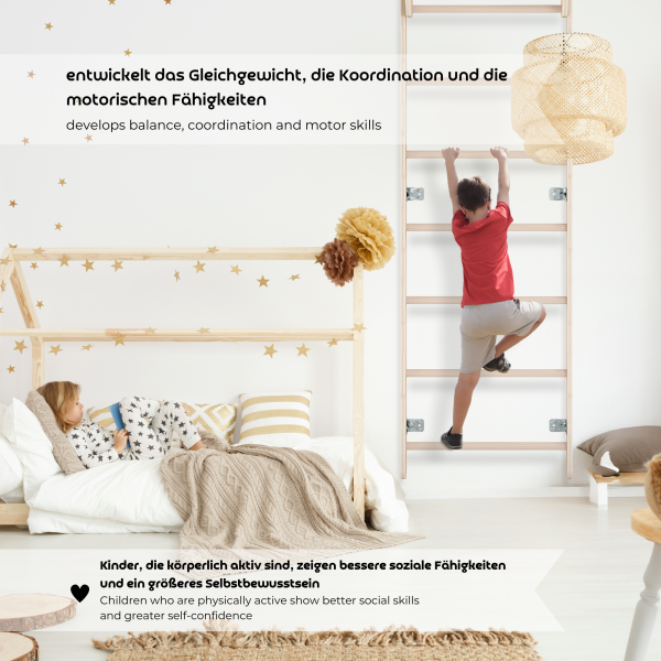 MAMOI® Échelle de gymnastique d’intérieur, espaliers muraux pour chambre d’enfant, anneaux de gymnastique pour grimper, mur d’escalade et équipement de jeu, appareil de gymnastique avec barre de traction pour la maison, espaliers muraux pour adultes