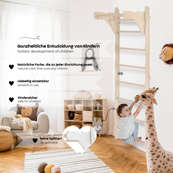 MAMOI® Échelle de gymnastique d’intérieur, espaliers muraux pour chambre d’enfant, anneaux de gymnastique pour grimper, mur d’escalade et équipement de jeu, appareil de gymnastique avec barre de traction pour la maison, espaliers muraux pour adultes