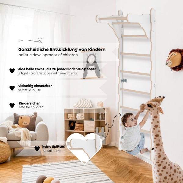MAMOI® Échelle de gymnastique d’intérieur, espaliers muraux pour chambre d’enfant, anneaux de gymnastique pour grimper, mur d’escalade et équipement de jeu, appareil de gymnastique avec barre de traction pour la maison, espaliers muraux pour adultes
