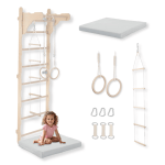 MAMOI® Gymnastik-Sprossenwand für Kinder (210 cm) | Wandmontierte Holzleiter | Kletterleiter für Kinder | Turnringe | Schutzmatte | Kletterseil | 100% ECO | Hergestellt in der EU