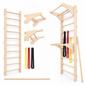 MAMOI Sprossenwand mit Klimmzuggriff, Dip-Barren, Bändern und Stab