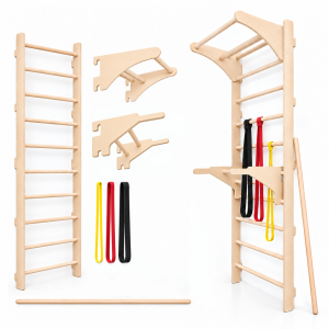 MAMOI Wall Bars with Pull-Up Handle, Dip Bars, Bands and Stretching Stick