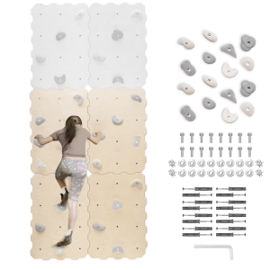 MAMOI® Wooden climbing wall for indoor use with 16 climbing holds | Climbing set with panels and holds | Wooden layered board | Home climbing wall for self assembly