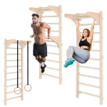 MAMOI® Échelle Suédoise de Gymnastique avec Poignée et Barres de Dips, Mur d’Exercices avec Anneaux en Bois Réglables pour Musculation et Étirements, Fixation Murale, Poignées d’Entraînement, Équipement de Fitness pour Adultes