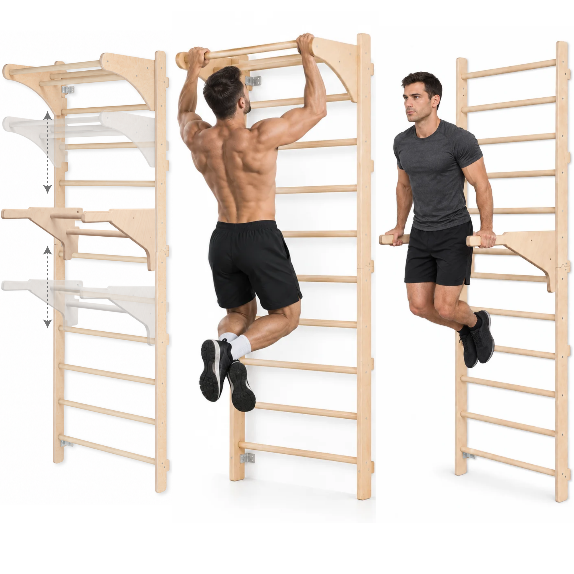 MAMOI® Gymnastiksprossenwand zur Wandmontage mit Klimmzugstange und Dip-Barren für Erwachsene – verstellbare Trainingselemente