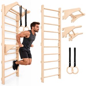 MAMOI® Échelle de gymnastique pour adultes avec barre, barres parallèles pour dips, anneaux d’entraînement