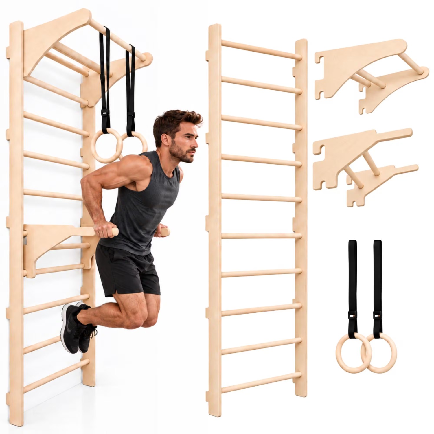 MAMOI® Sprossenwand für Erwachsene mit Klimmzugstange, Dip-Barren, Trainingsringen