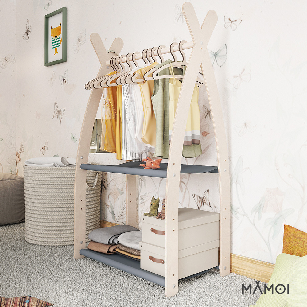 MAMOI® Wieszak na ubrania dla dzieci | Szafa na ubrania dla dzieci wykonany z naturalnego drewna | Garderoba dziecięca do przechowywania ubrań nowoczesny design | Akcesoria dla dzieci | 100% ECO | Wyprodukowano w UE