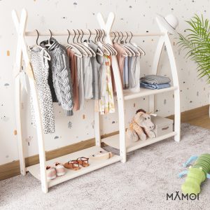 MAMOI® Armadio per Bambini in Legno 95x106x32cm / 53x95x32cm | Appendiabiti bambini da terra | Porta abiti | Guarderoba bambini per la cameretta | Armadio montessori | 100% ECO | Prodotto nell'UE