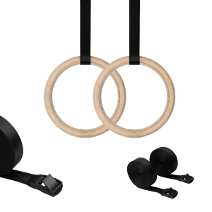 MAMOI wooden gymnastics rings 20 cm with adjustable nylon straps 185 cm, training equipment for calisthenics and strength workout, for indoor and outdoor use, 100% ECO, made in the EU
