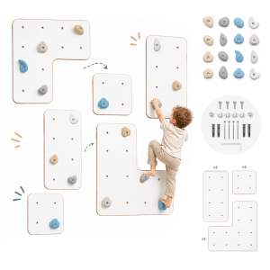 MAMOI® Indoor-Kletterwand mit Griffen, Moderne Kletterwand für das Zimmer, weiße Holzwerkstoffplatte, Kletterset zur Montage