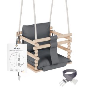 MAMOI® Balancoire bebe pour interieur, Siege balançoire pour bébé, Balancelle de coton en bois naturel, Baby swing pour enfant  à partir de 1 an, 3 en 1