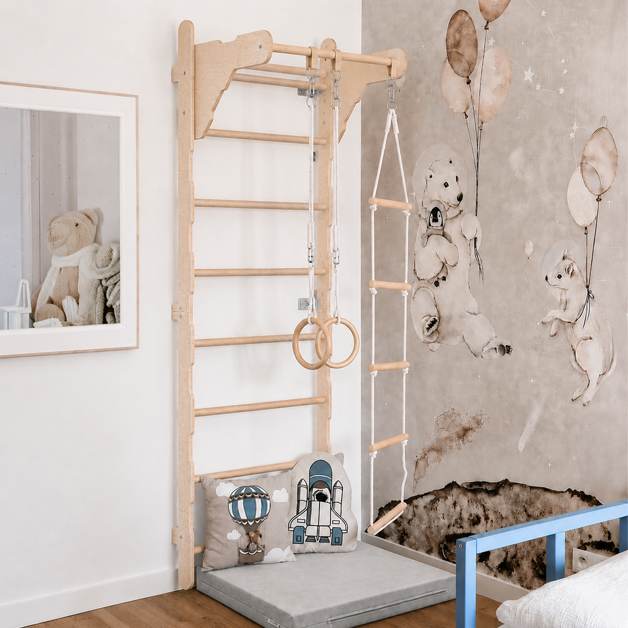 MAMOI® Wall-mounted gym ladder for children with gymnastic rings, rope ladder and protective mat