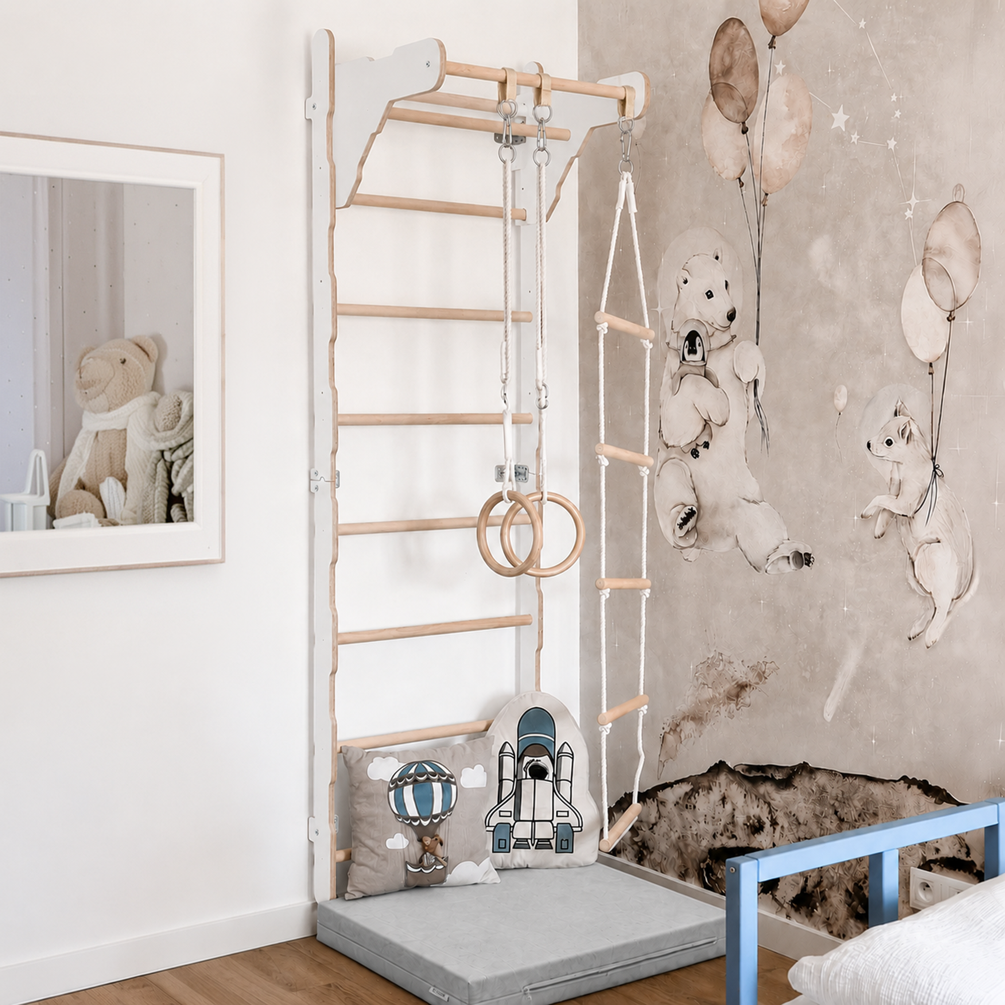 MAMOI® Wall-mounted gym ladder for children with gymnastic rings, rope ladder and protective mat
